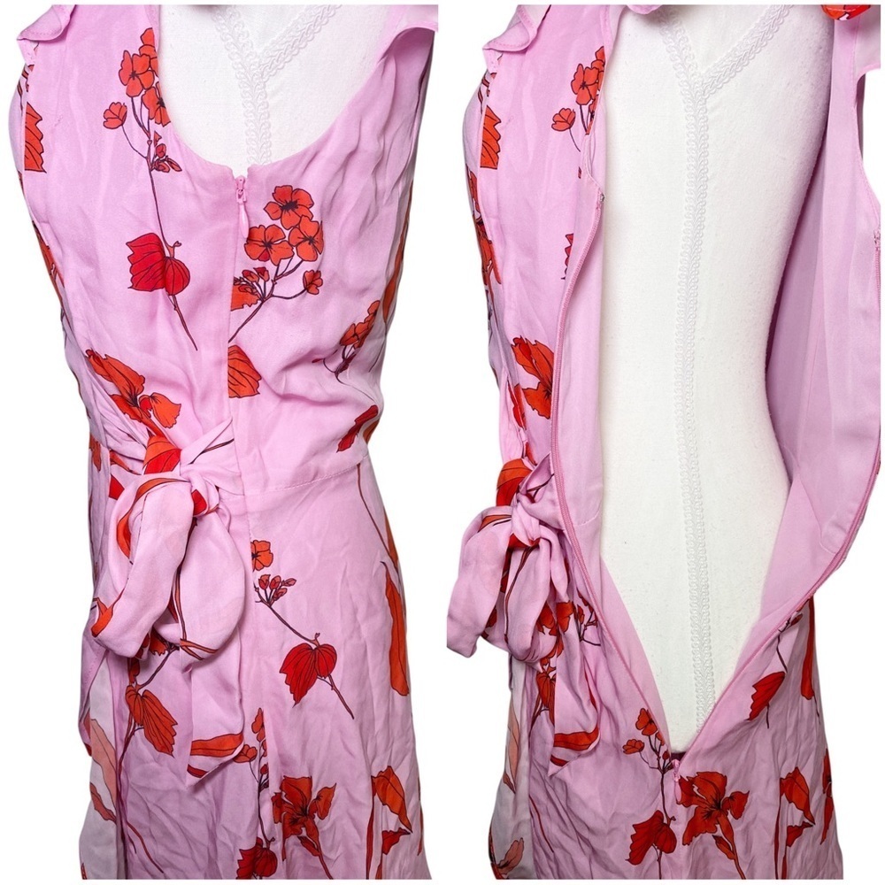 Parker Pink & Red Floral Pink Wrap Dress with Flounce Sleeves - Picture 15 of 16